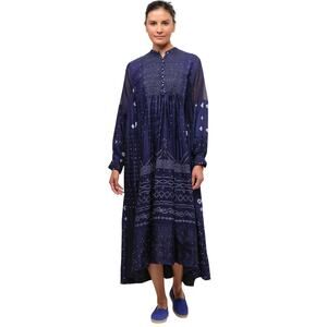 Injiri Dress 42 US XL Embroidered 100% Silk Bib Indigo Blue India Resist Dye